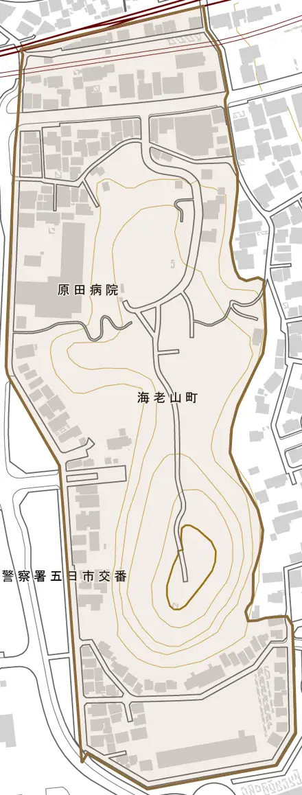 海老山町とその周辺の地図。町の範囲を重ねている