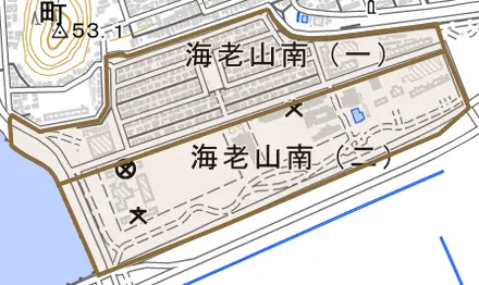 海老山南とその周辺の地図。町の範囲を重ねている