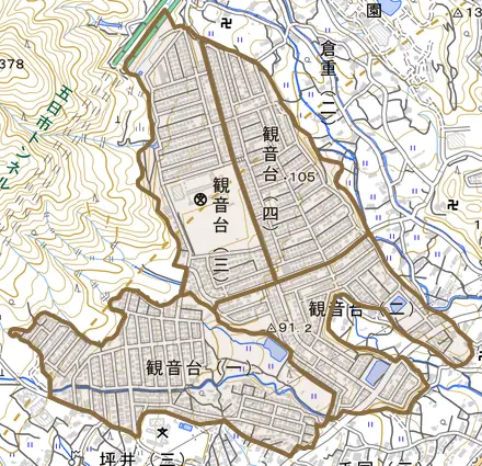 観音台とその周辺の地図。町の範囲を重ねている