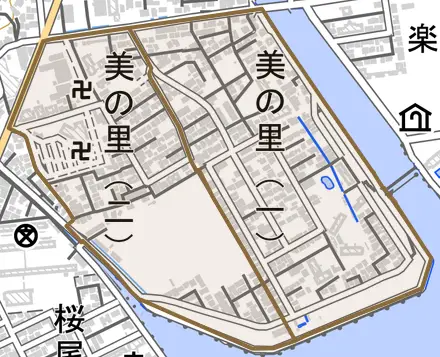 美の里とその周辺の地図。町の範囲を重ねている
