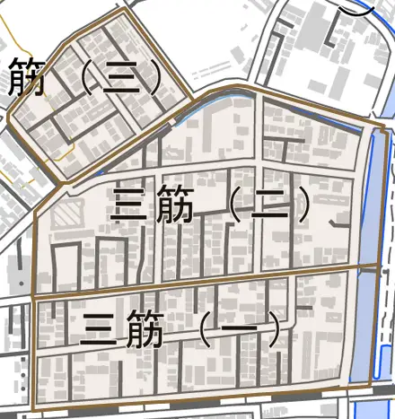 三筋とその周辺の地図。町の範囲を重ねている