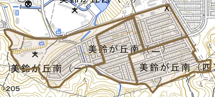 美鈴が丘南とその周辺の地図。町の範囲を重ねている