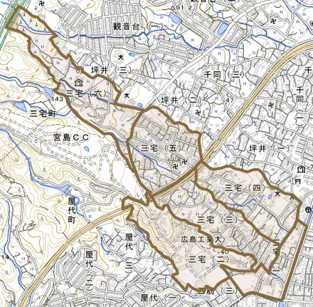 三宅とその周辺の地図。町の範囲を重ねている