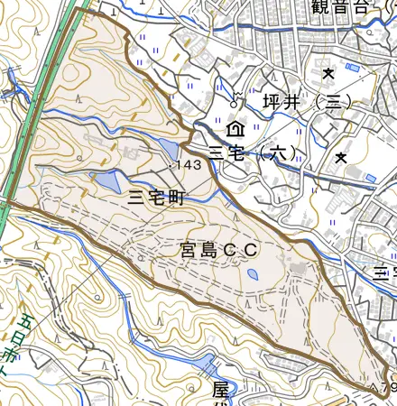 三宅町とその周辺の地図。町の範囲を重ねている