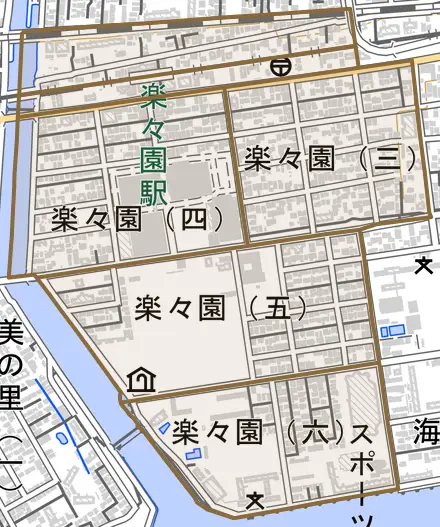 楽々園とその周辺の地図。町の範囲を重ねている