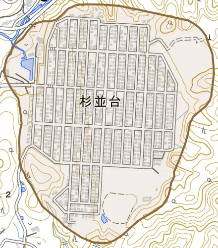 杉並台とその周辺の地図。町の範囲を重ねている