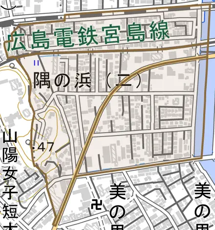 隅の浜とその周辺の地図。町の範囲を重ねている