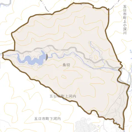 五日市町大字上河内とその周辺の地図。町の範囲を重ねている