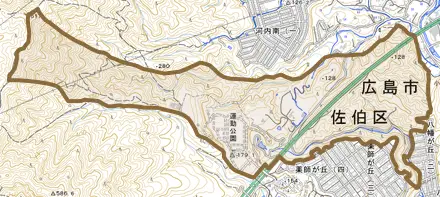 五日市町大字保井田とその周辺の地図。町の範囲を重ねている