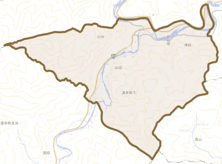 湯来町大字下とその周辺の地図。町の範囲を重ねている
