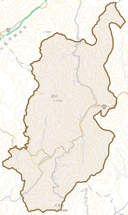 湯来町大字多田とその周辺の地図。町の範囲を重ねている