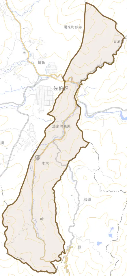 湯来町大字葛原とその周辺の地図。町の範囲を重ねている