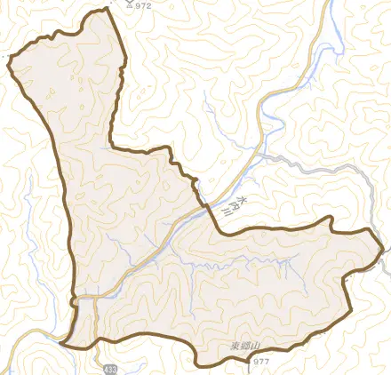 湯来町大字和田とその周辺の地図。町の範囲を重ねている