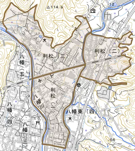 利松とその周辺の地図。町の範囲を重ねている