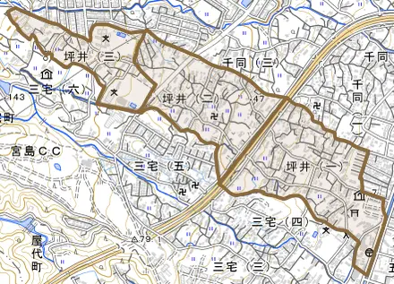 坪井とその周辺の地図。町の範囲を重ねている