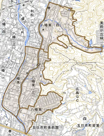 八幡東とその周辺の地図。町の範囲を重ねている