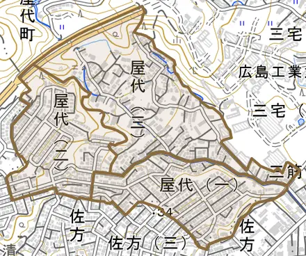屋代とその周辺の地図。町の範囲を重ねている