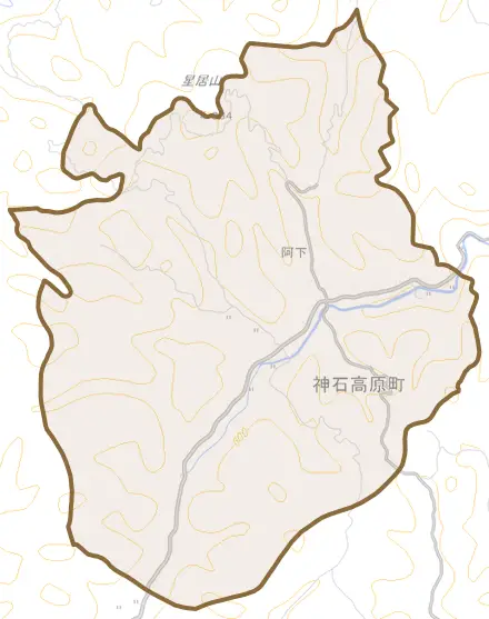 阿下とその周辺の地図。町の範囲を重ねている