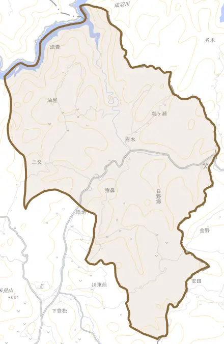 有木とその周辺の地図。町の範囲を重ねている