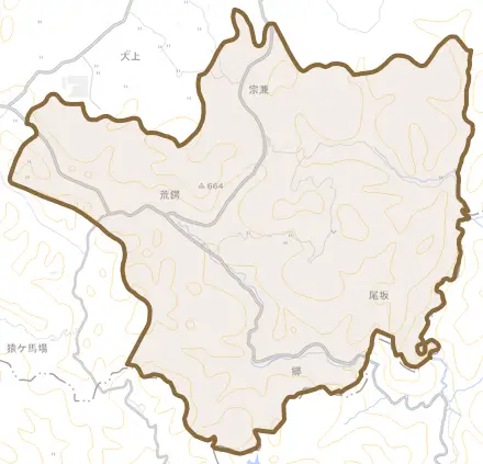 父木野とその周辺の地図。町の範囲を重ねている
