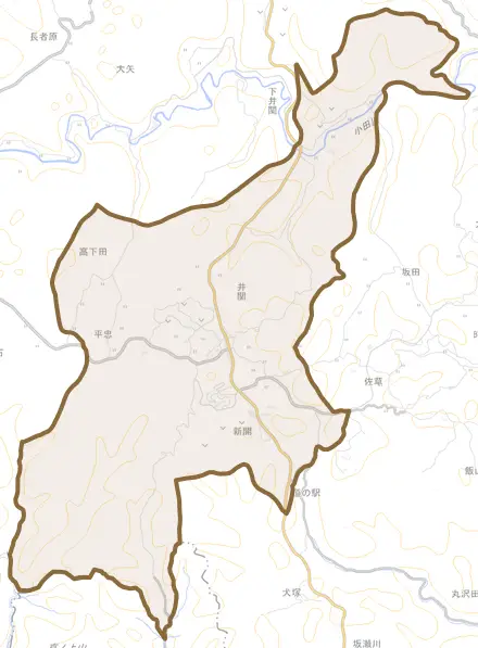 井関とその周辺の地図。町の範囲を重ねている