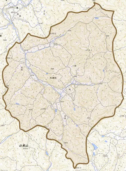 木津和とその周辺の地図。町の範囲を重ねている