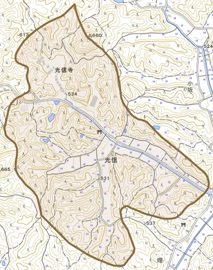 光信とその周辺の地図。町の範囲を重ねている