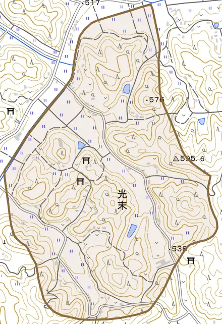光末とその周辺の地図。町の範囲を重ねている