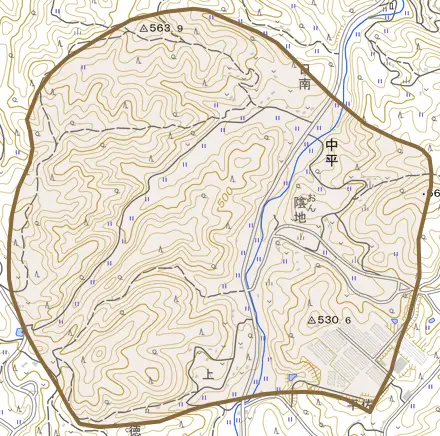 中平とその周辺の地図。町の範囲を重ねている
