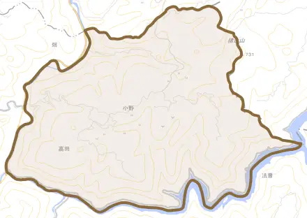 小野とその周辺の地図。町の範囲を重ねている