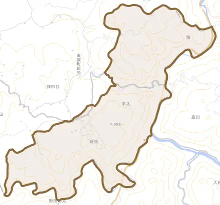 新免とその周辺の地図。町の範囲を重ねている