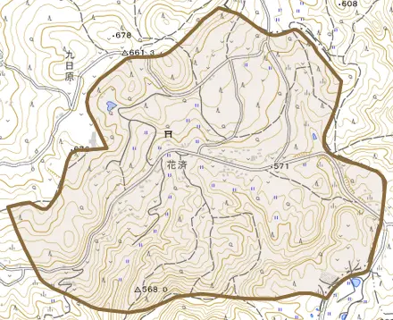 花済とその周辺の地図。町の範囲を重ねている