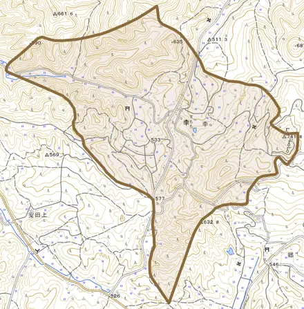 李とその周辺の地図。町の範囲を重ねている