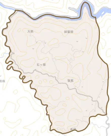 笹尾とその周辺の地図。町の範囲を重ねている