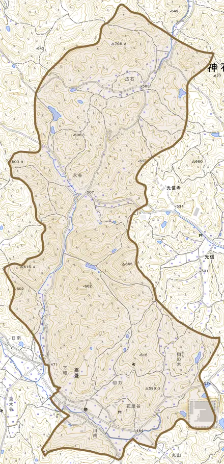 高蓋とその周辺の地図。町の範囲を重ねている