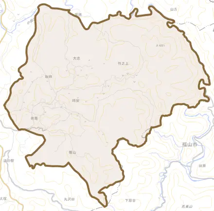 時安とその周辺の地図。町の範囲を重ねている
