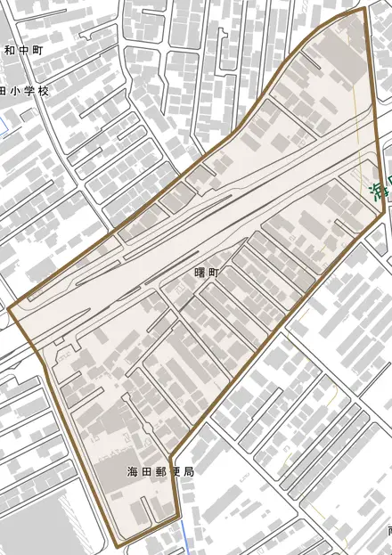曙町とその周辺の地図。町の範囲を重ねている