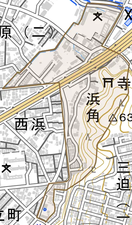 浜角とその周辺の地図。町の範囲を重ねている