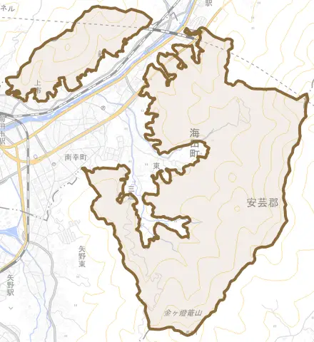 東海田とその周辺の地図。町の範囲を重ねている