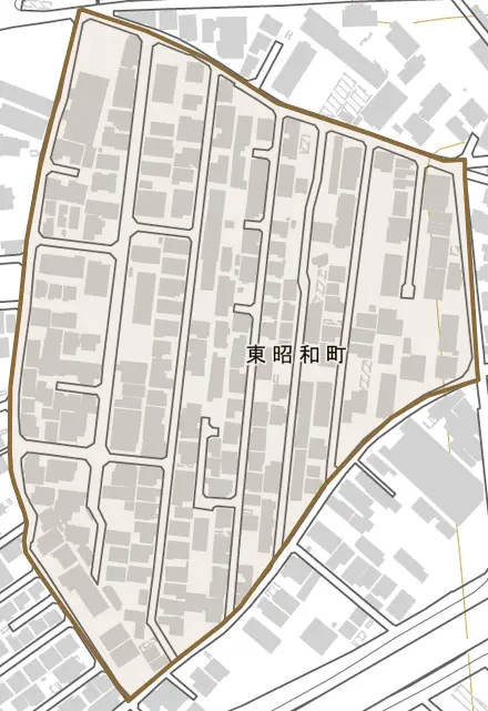 東昭和町とその周辺の地図。町の範囲を重ねている