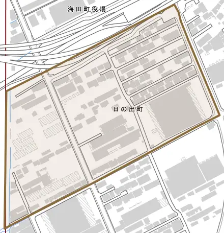 日の出町とその周辺の地図。町の範囲を重ねている