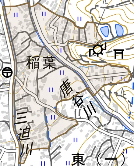 稲葉とその周辺の地図。町の範囲を重ねている