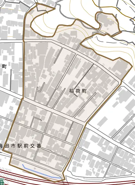 稲荷町とその周辺の地図。町の範囲を重ねている