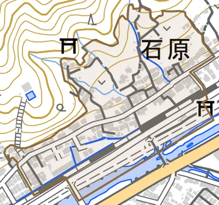 石原とその周辺の地図。町の範囲を重ねている