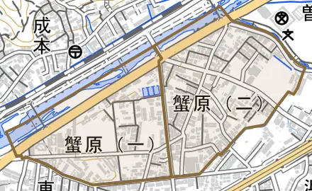 蟹原とその周辺の地図。町の範囲を重ねている