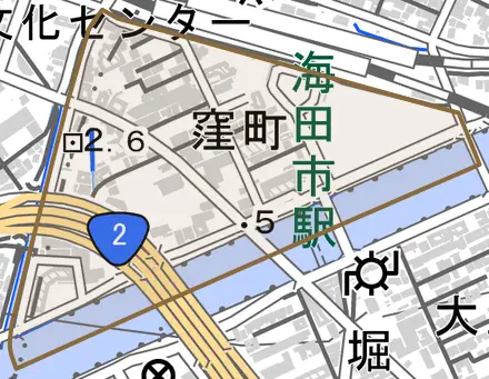 窪町とその周辺の地図。町の範囲を重ねている