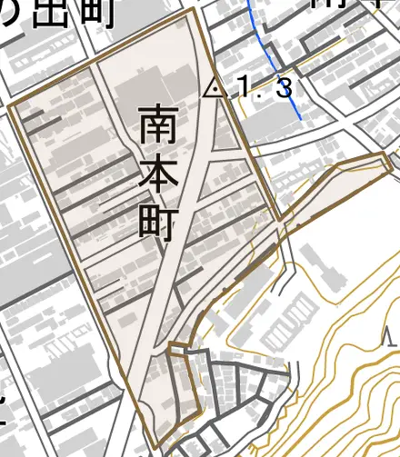 南本町とその周辺の地図。町の範囲を重ねている