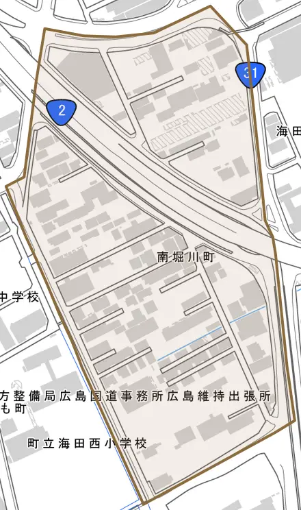 南堀川町とその周辺の地図。町の範囲を重ねている