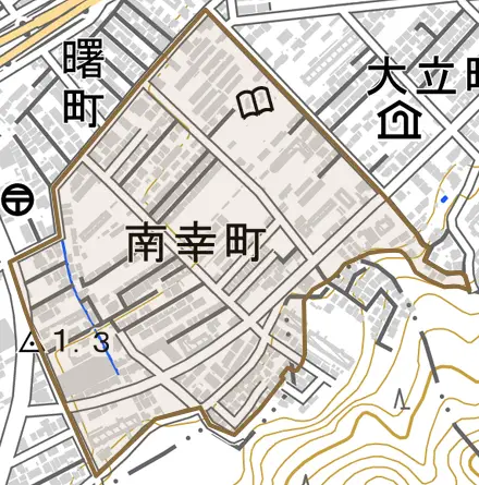 南幸町とその周辺の地図。町の範囲を重ねている