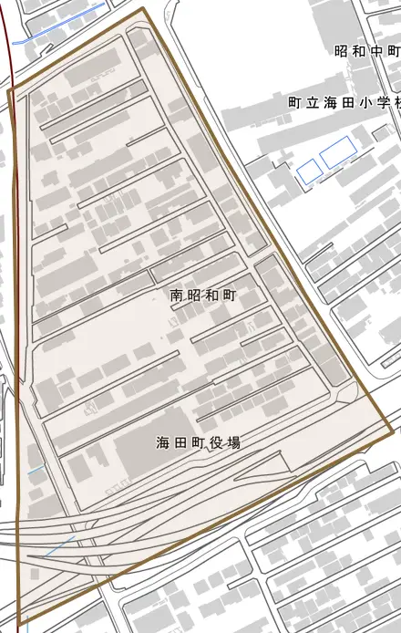 南昭和町とその周辺の地図。町の範囲を重ねている